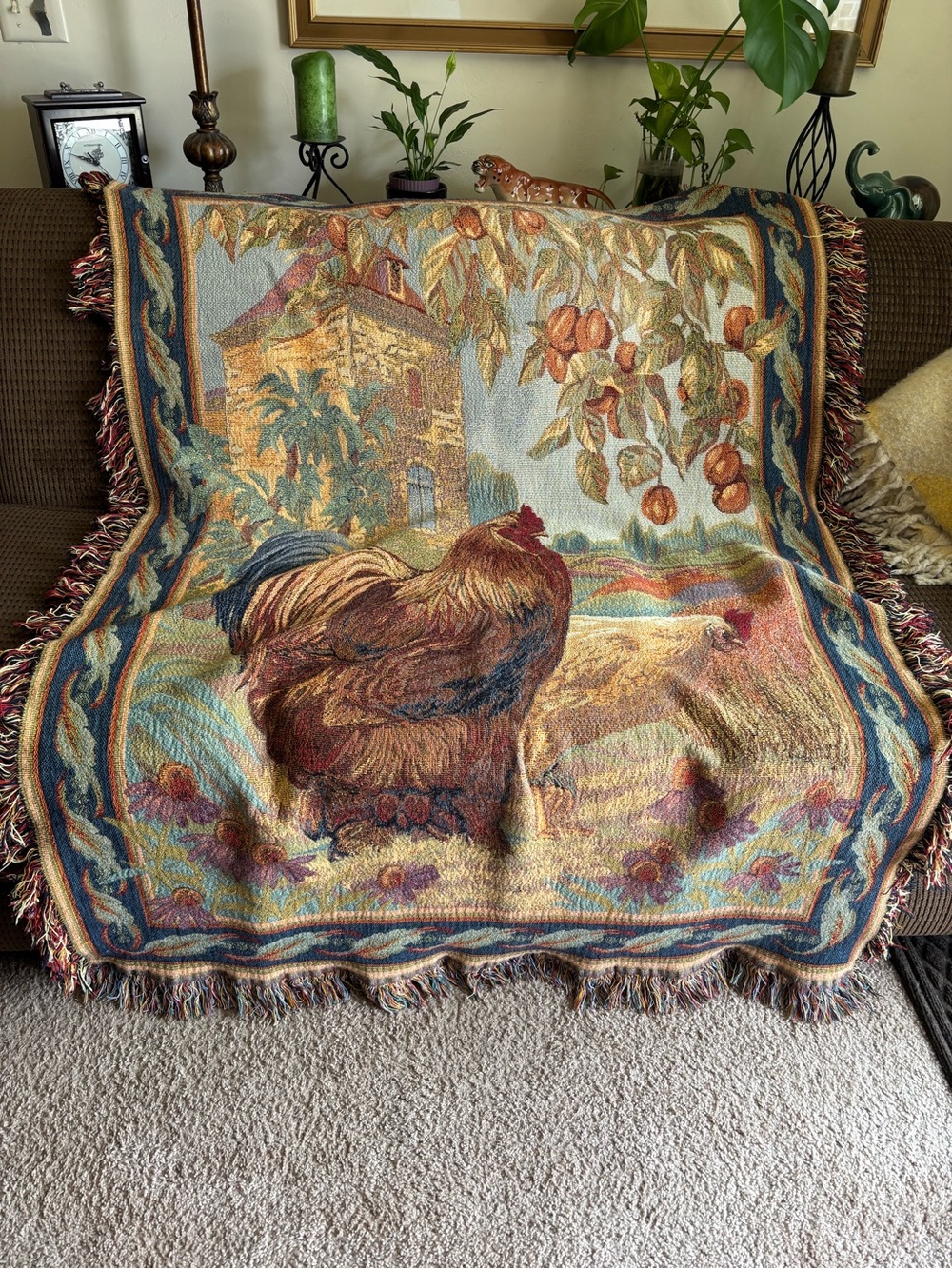 French Country "Les Poulets" rooster&hen woven cotton tapestry throw blanket.